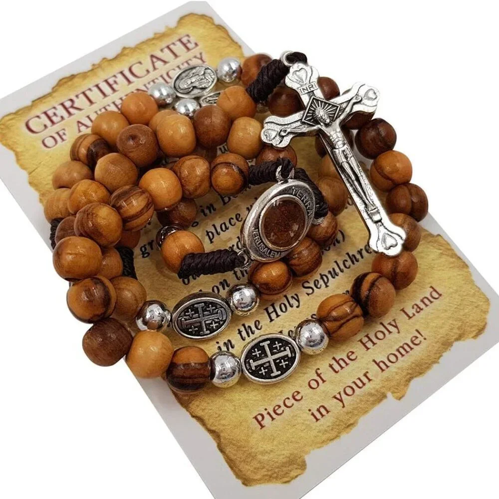Olive Wood Beads Catholic Rosary Jerusalem Holy Soil Certificate in Blue Pouch - Picture 5 of 5